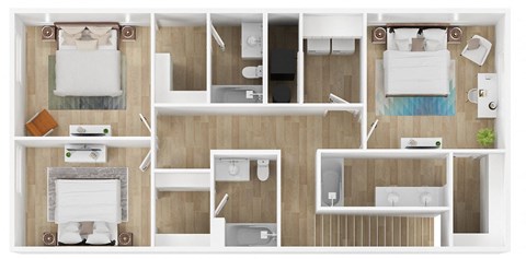 A top-down view of a small apartment with a bedroom, living room, kitchen, and bathroom.